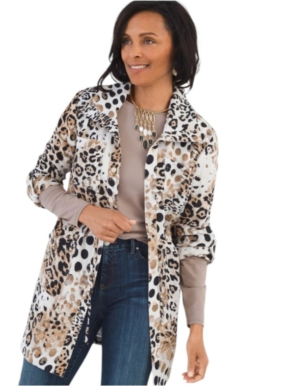 Chico's Leopard Print Lightweight Jacket in Beige, Black and Tan, Closet Staple